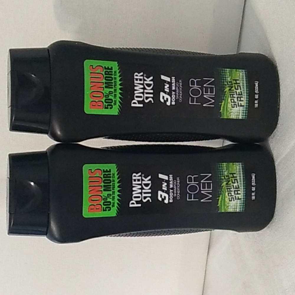Bundle of 2 Bottles Power Stick 3 In 1 Body Wash, Shampoo Conditioner 18oz